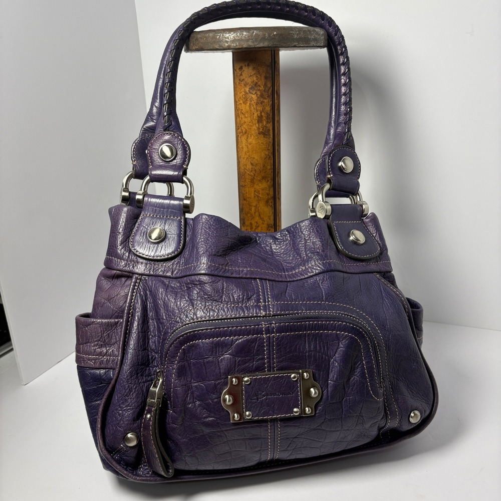 B. Makowsky Purple Leather Shoulder Bag Leopard Lining Braided Strap Hobo Y2K